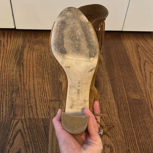 Gianni Bini Fringe Open Toe Tan Suede Leather Zip Booties Size 8.5 - Picture 5 of 5